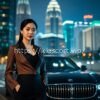 Confident businesswoman standing by luxury car in city at night