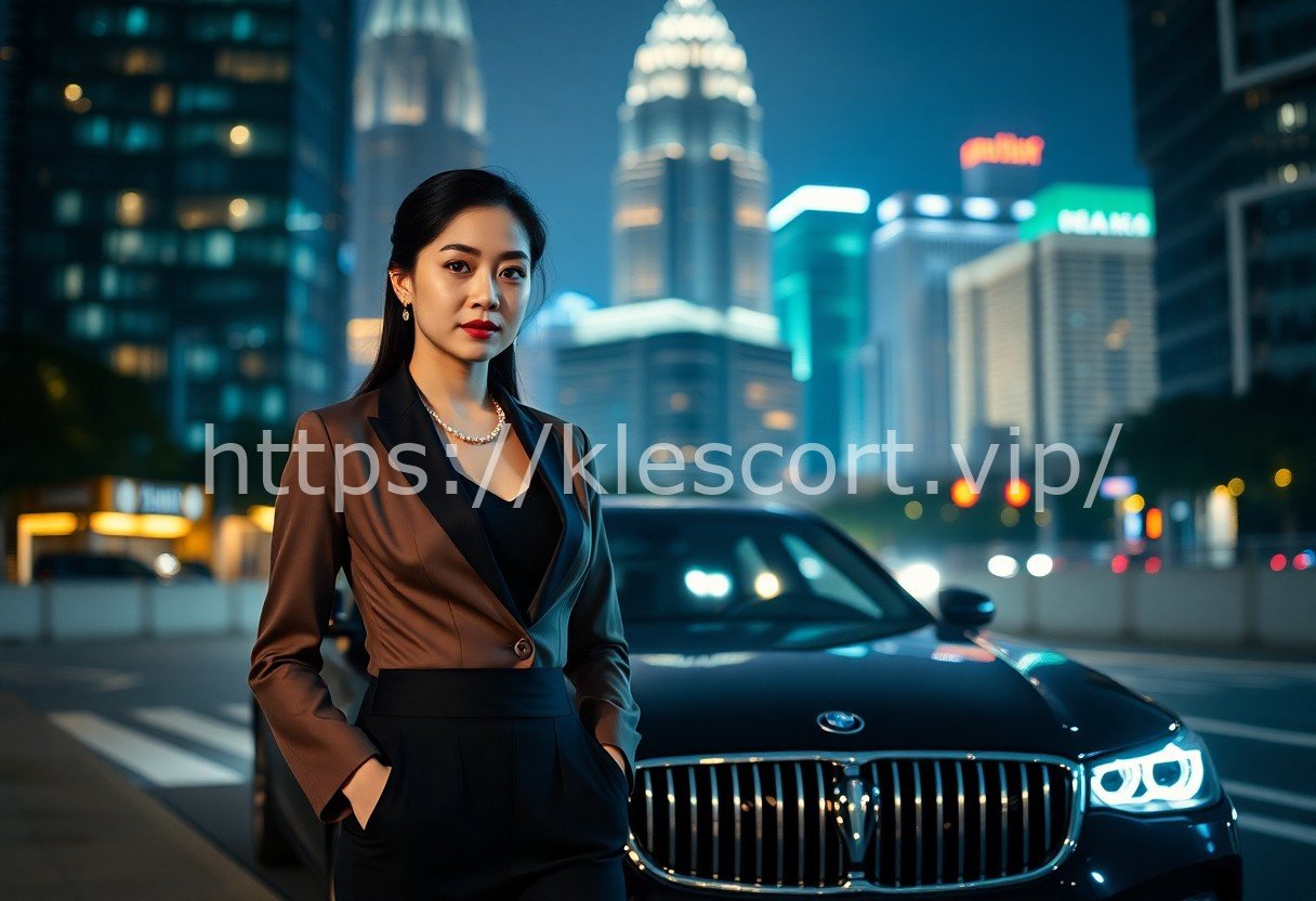 Confident businesswoman standing by luxury car in city at night