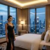 Elegant woman in black dress in modern hotel room with city skyline view