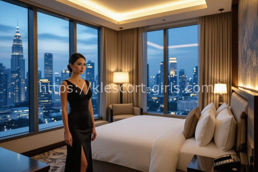 Elegant woman in black dress in modern hotel room with city skyline view