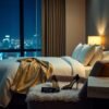 Luxury hotel room at night with city view, high heels on chair, gold throw on bed.