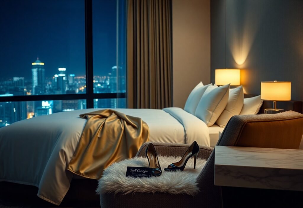 Luxury hotel room at night with city view, high heels on chair, gold throw on bed.