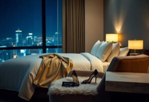 Luxury hotel room at night with city view, high heels on chair, gold throw on bed.