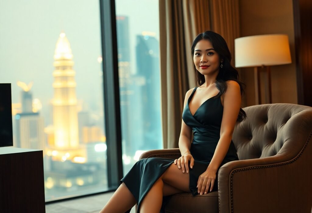 Elegant woman in dress, relaxing in Dubai hotel with city view.