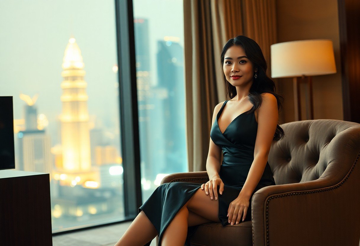 Elegant woman in dress, relaxing in Dubai hotel with city view.