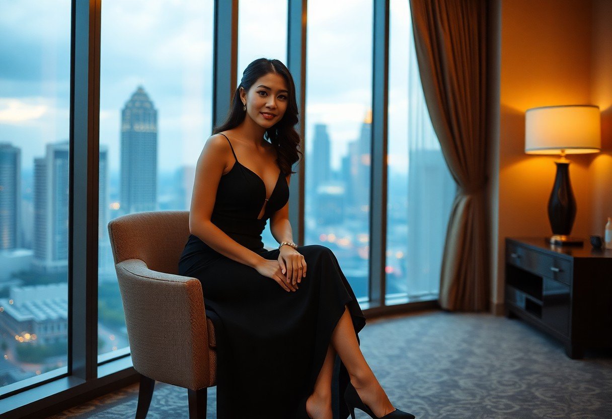 Elegant woman in black dress sits with city skyline view.