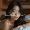 Young Asian woman with dark hair lying on a bed, looking at the camera