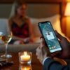 Man on phone in hotel room with woman in background, wine, and candle