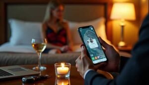 Man on phone in hotel room with woman in background, wine, and candle