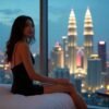 Woman in black dress on bed overlooking city skyline at night