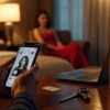 Person using dating app on phone in hotel room with woman in background
