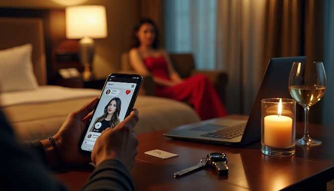Person using dating app on phone in hotel room with woman in background
