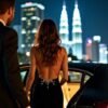 Couple in formal wear entering luxury car at night with city skyline