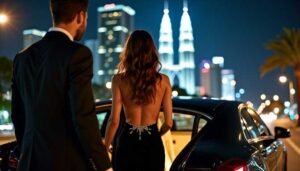 Couple in formal wear entering luxury car at night with city skyline