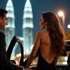 Couple in formal wear exiting a luxury car at night with city skyline