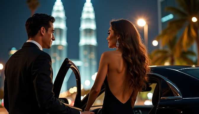 Couple in formal wear exiting a luxury car at night with city skyline